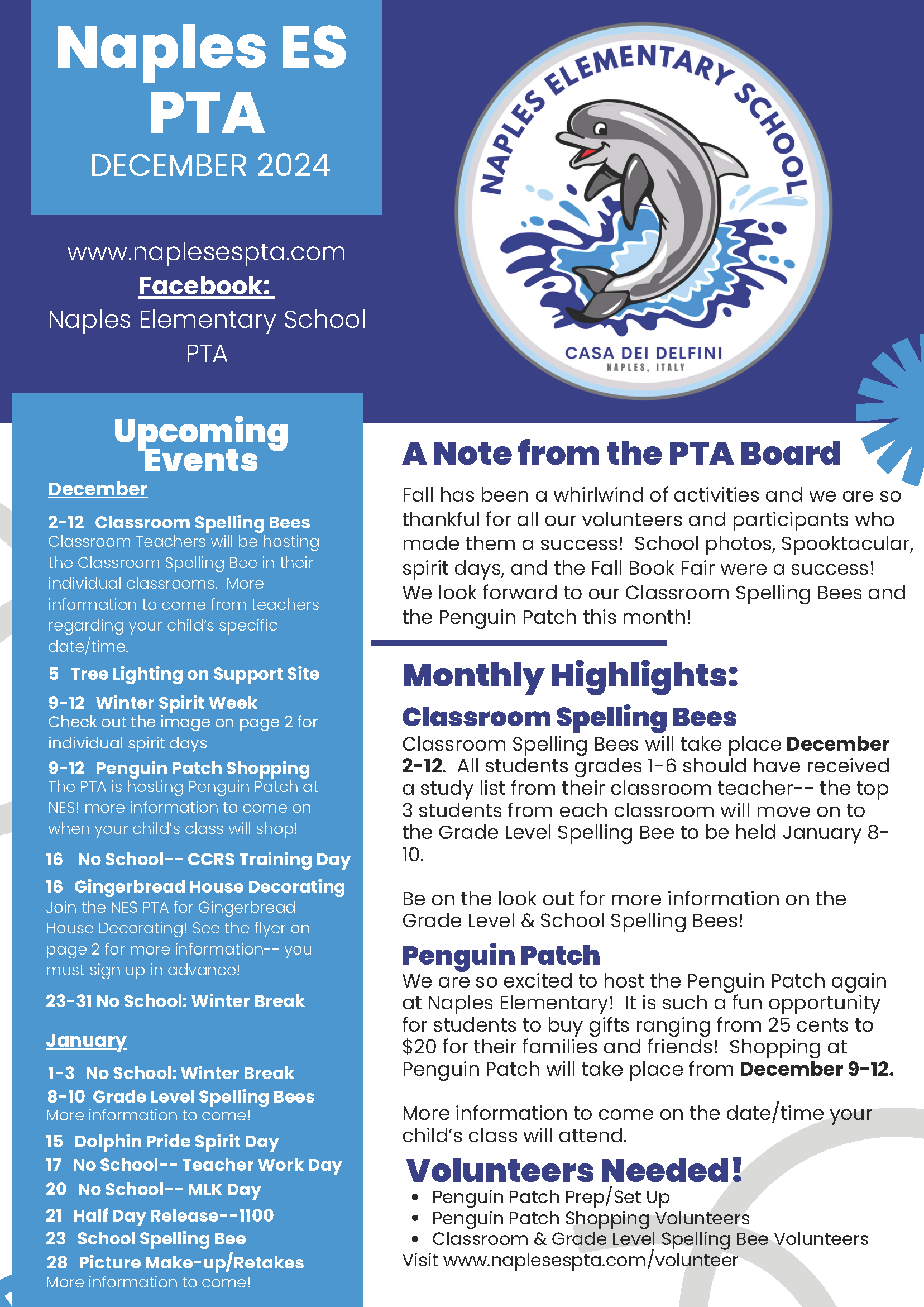 Naples ES PTA December 2024 Newsletter Page 1