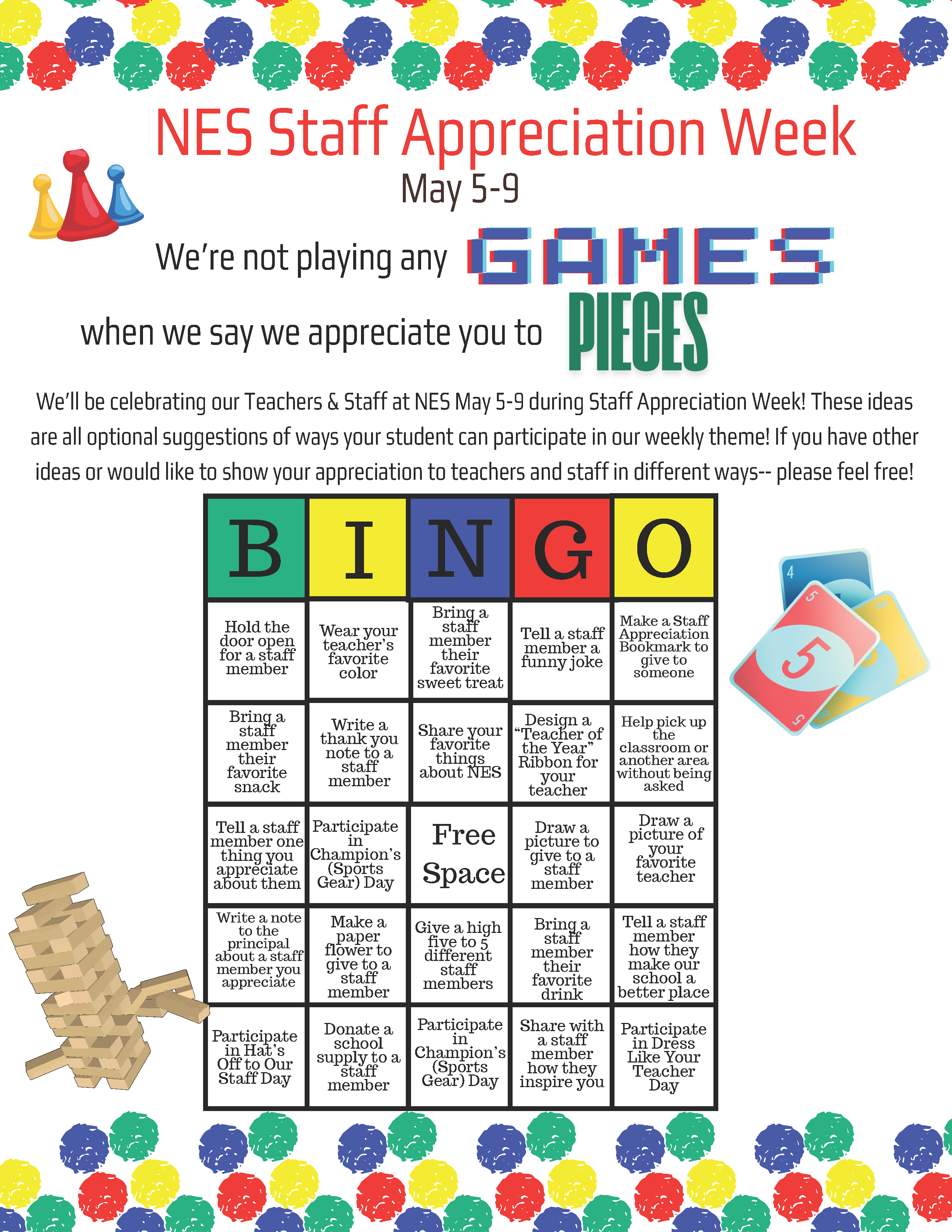NES Staff Appreciation Week Bingo Card